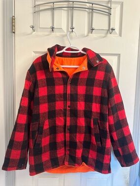 Reversible Red and Black Buffalo Plaid Jacket with Orange Lining